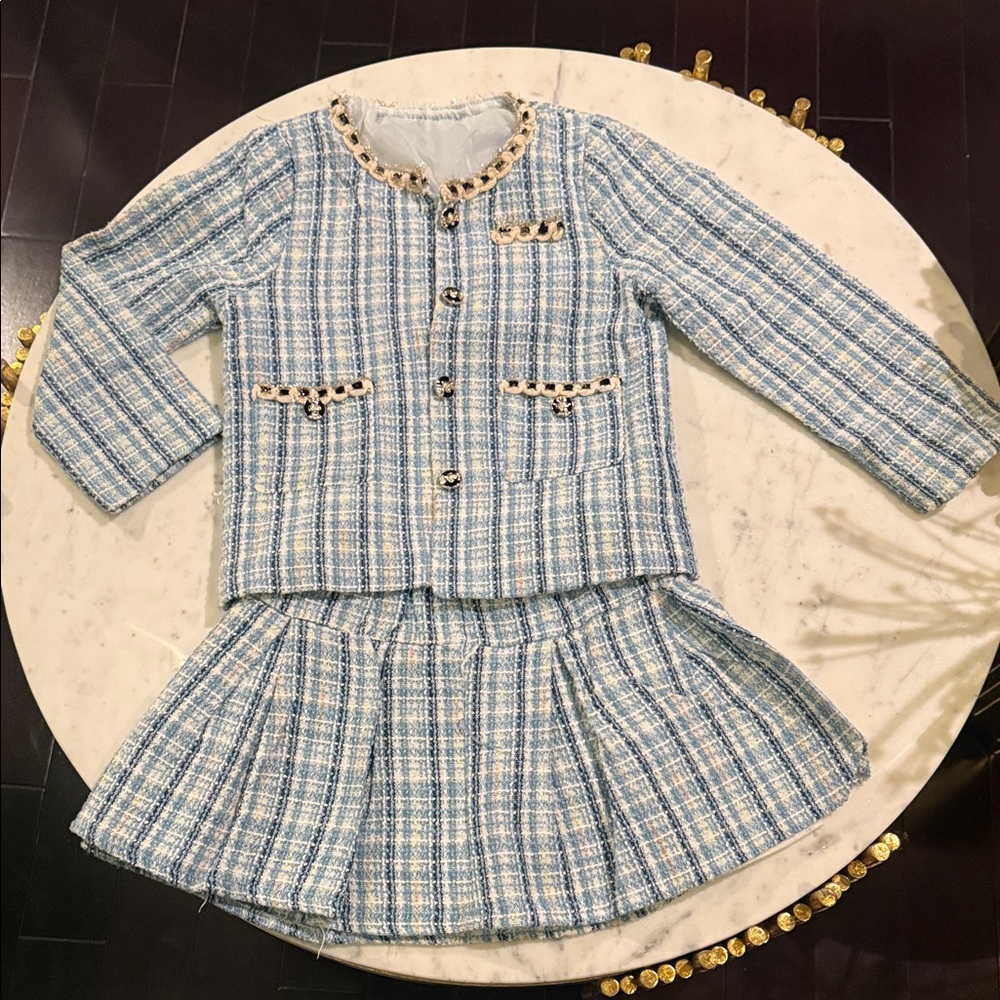 Blue and White Plaid Skirt Suit